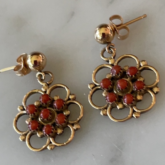 Vintage Zuni Native American Handcrafted 14K Red Coral Earrings - Picture 11 of 14